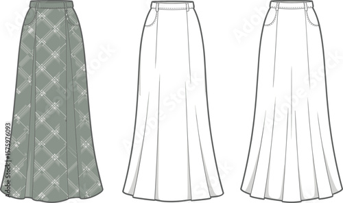 Women’s long skirt technical flat sketch, CAD drawing, vector illustration, fashion design, front and back view, editable template
