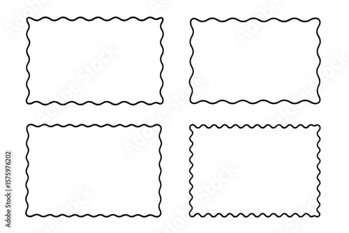 Set of wavy border frames for decoration. Scalloped edge for rectangle labels and tags. Decorative vintage postage stamp shape. Hand drawn simple line art. Doodle sketch.