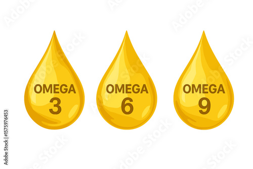 Golden oil drops with Omega 3, 6, and 9. Vector illustration of fish oil supplements. Polyunsaturated fatty acids concept for nutrition, health care and vitamins like EPA, DHA.