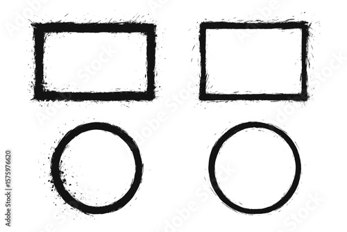 Grunge border frame set. Dirty ink brush stroke collection. Distressed texture rectangle and circle shapes. Abstract paint spray splash, splatter, and streak elements.