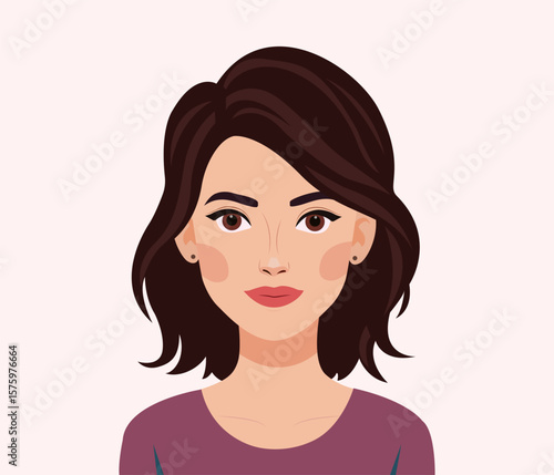 Vector image  girl with dark hair. Portrait  young woman in  flat style. Image on isolated background.