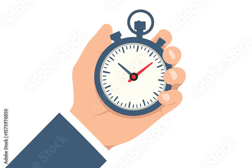 Hand holding a stopwatch for time management and countdown. Timer in hand vector flat illustration. Concept of deadline, punctuality, sport competition, and business urgency.
