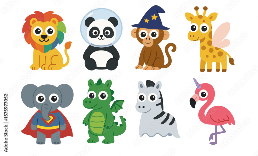 Naklejka premium Charming cartoon animals in creative costumes for children's design inspiration