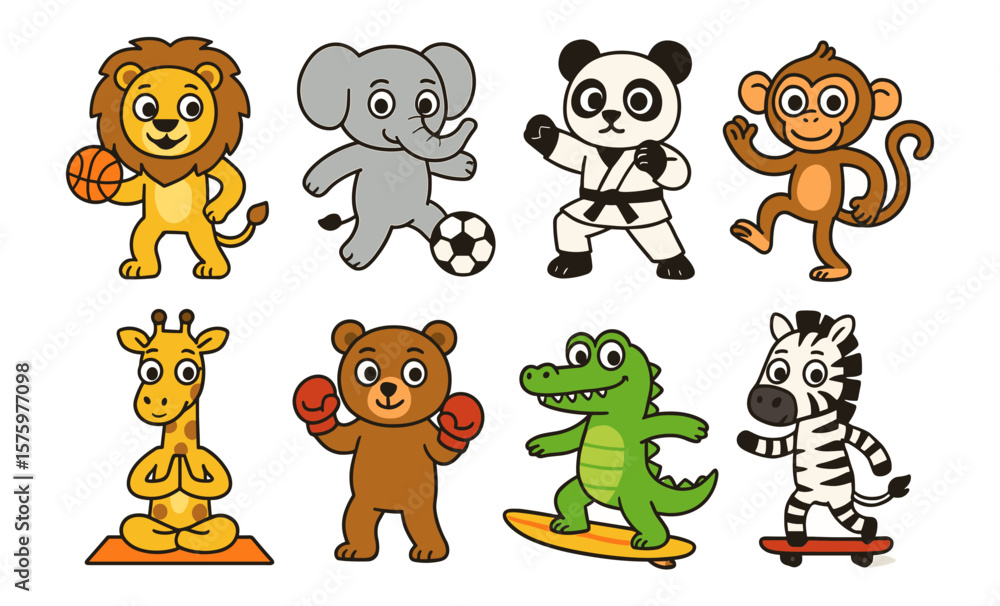 Fototapeta premium Adorable cartoon animals engaging in various sports activities with playful expressions