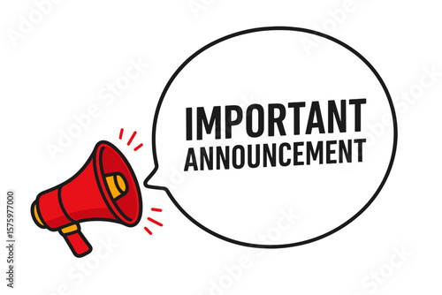 Important announcement banner with red megaphone. Loudspeaker with speech bubble for important message or information. Alert concept for business, marketing, and advertising.