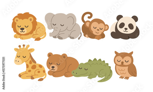 Adorable sleeping animals: cute cartoon illustrations of lion, elephant, monkey, panda, giraffe, bear, crocodile, and owl