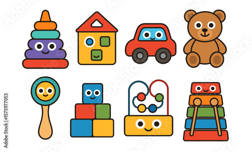 Colorful cartoon toy collection with smiling faces and playful designs
