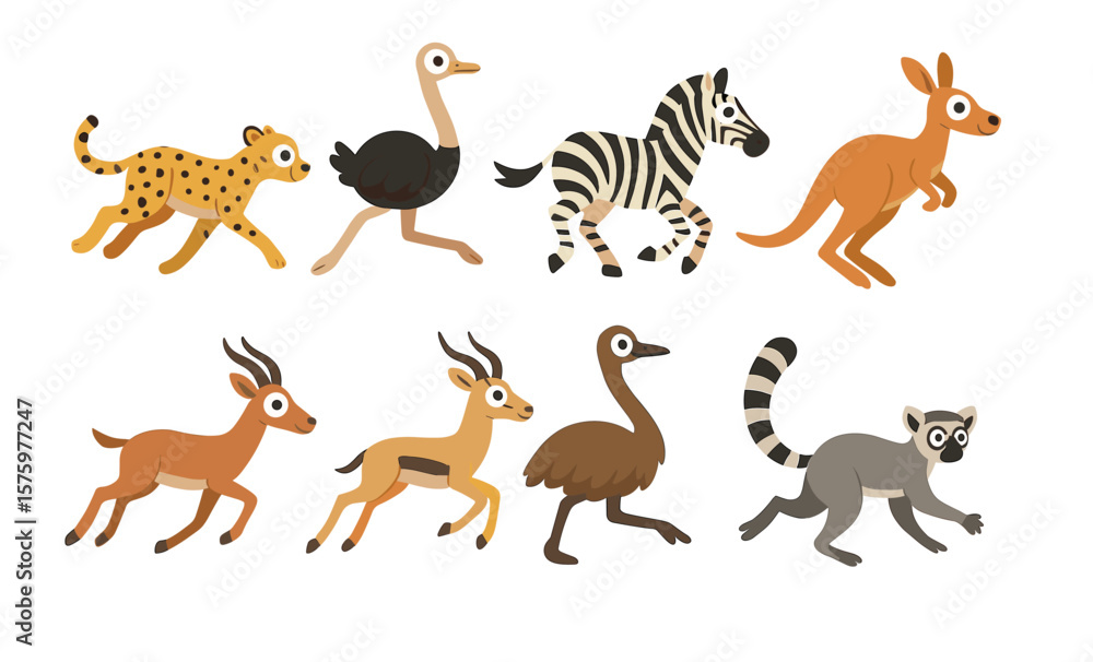Obraz premium Illustrated fast zoo animals: cheetah, ostrich, zebra, kangaroo, antelope, lemur in motion