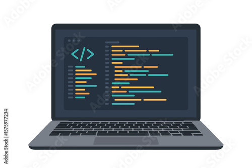 Laptop with programming code on screen vector illustration. Concept for software development, app coding, web design, bug fixing, and testing. Technology flat design element.