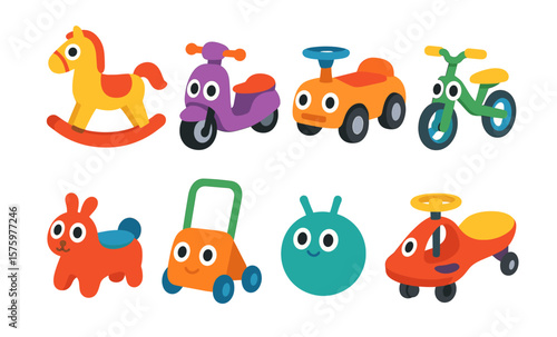 Colorful cartoon toys: rocking horse, scooter, car, and more for children's playtime fun