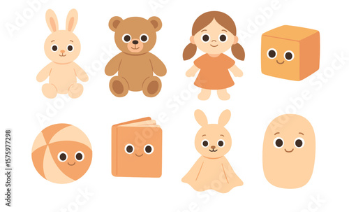 Cute cartoon toys: adorable animals, dolls, and shapes for kids' playtime fun