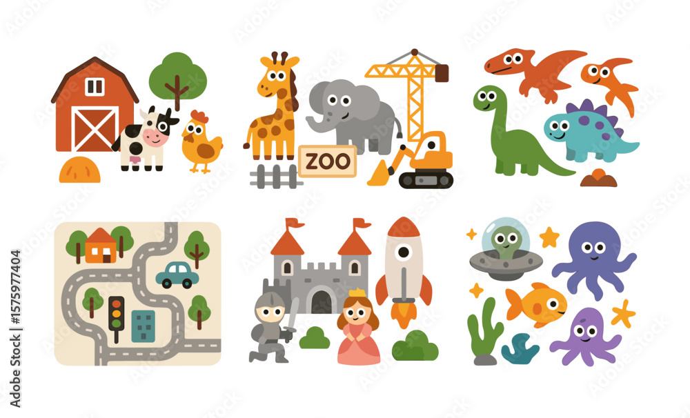 Fototapeta premium Colorful toy sets for kids: farm, zoo, construction, city, castle, and ocean themes