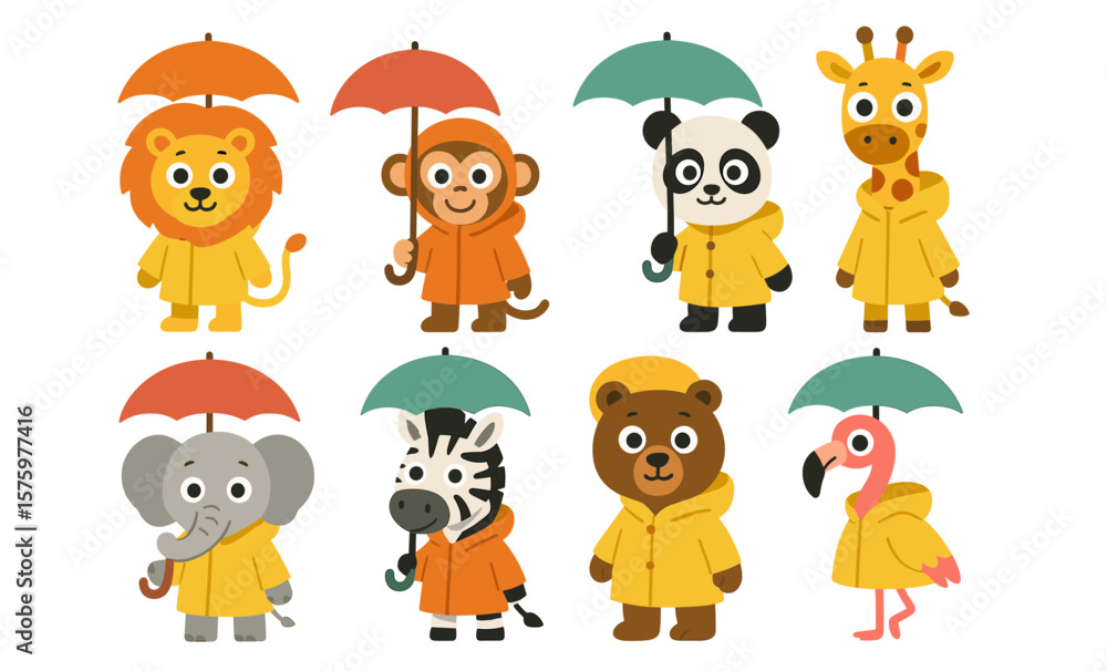 Fototapeta premium Cute cartoon animals in raincoats holding umbrellas: lion, monkey, panda, giraffe, elephant, zebra, bear, flamingo