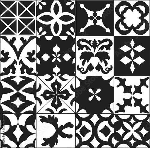 Seamless Black and White Decorative Tile Pattern: Elegant Geometric and Floral Motifs for Interior Design and Textile Backgrounds.