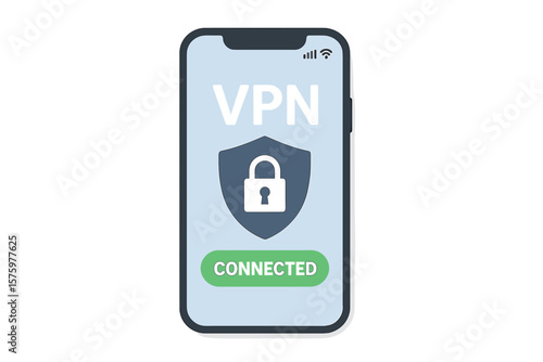 Mobile VPN service vector concept. Smartphone with secure connection app on screen. Virtual private network for privacy. Cybersecurity and internet data protection technology.