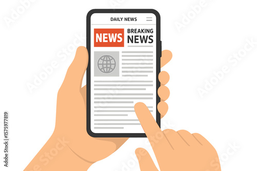 Hand holding smartphone and scrolling news feed. Online daily breaking news. Reading article on phone screen. Digital newspaper or magazine. Media information concept. Vector.
