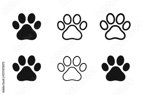 Paw print vector icon set. Animal footprint silhouette collection. Dog cat track symbol. Graphic logo element for pet care, vet or shelter. Puppy kitten pawprint shapes.