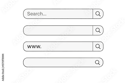 Search bar vector set for UI UX design on web and mobile apps. Collection of www search box templates. User interface element. Navigation panel with magnifying glass icon.