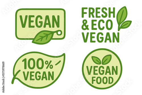 Set of 4 vegan label tags. Natural green product icon. Fresh eco vegetarian stamp. Healthy food badge. Organic food emblem for packaging, stickers and logos. Veganism concept.