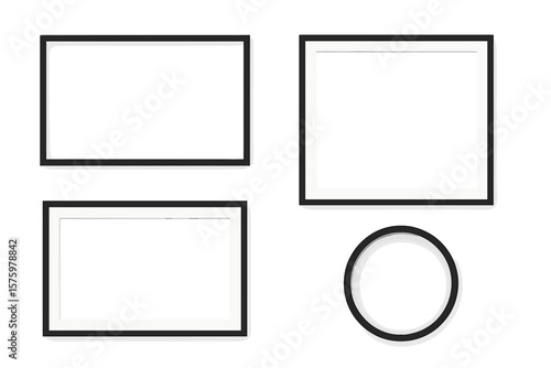 Black picture frame mockup set. Photo frames in various shapes. Realistic empty mock up with shadow. Wall gallery border for presentation. Modern interior decor. Vector.