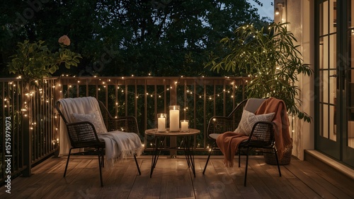  Romantic Evening Balcony with Fairy Lights, Candles, and Cozy Seating for Two 