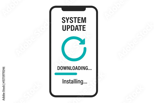 System update process on smartphone screen. Mobile phone software installation and upgrade. Concept of downloading new version, firmware or application with progress bar.
