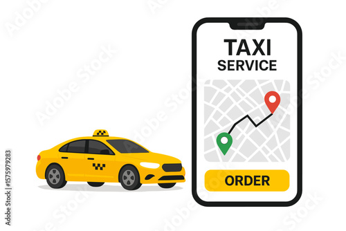 Taxi service mobile app for online booking. Smartphone screen with city map, route, and location pin for navigation. Yellow cab ordering vector illustration for transportation.