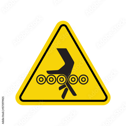 Hand injury hazard sign, yellow triangular warning, conveyor roller safety caution symbol