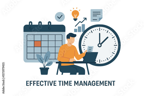 Time management vector concept. Man at desk with laptop plans schedule with calendar and clock. Boost productivity, workflow organization, effective workday, meet deadline.