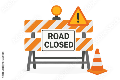 Road Closed Barrier Vector Illustration for Website Under Construction Page. Warning Traffic Barricade, Roadwork, Stop Signs, Flat Graphic Elements