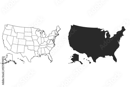 USA Map with States Outline & Solid Silhouette: Detailed United States of America Geography, Regions, Borders, Vector Illustration, Political Blank Map Template