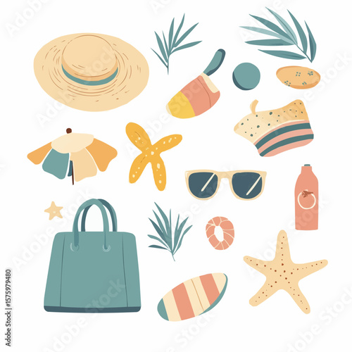 Cute beach clipart with summer essentials like beach bag, umbrella, sunhat and sunglasses in soft colors, playful design perfect for nursery prints, wall art or children’s room decor