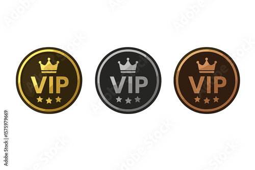 VIP Membership Badge Set. Luxury VIP Icons with Crown and Stars. Gold, Silver, Bronze Round Labels. Three VIP Levels. Exclusive Club Member Tag. Premium Access Vector Illustration.