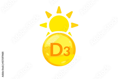 Vitamin D3 Sun Icon, Shining Yellow Capsule, Nutrition, Immune Support, Skin Care, Supplement, Pharmacy, Health, Wellness, Beauty, Diet, Vector Illustration