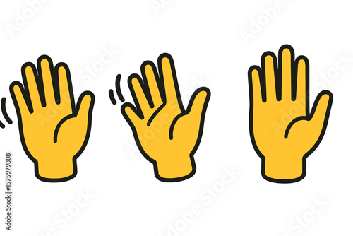 Waving Hand Gesture Icons Set. Cartoon Yellow Hands Waving, Greeting, Attention Symbol. Flat Vector Illustration Isolated on White. Communication, Emoji, Social Media, Transparent Background
