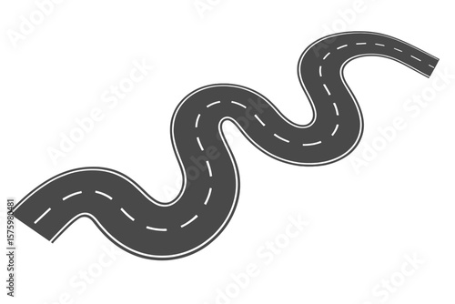 Curved Winding Road Top View. Asphalt Highway with S-Shaped Bends. Vector Illustration. Isolated Route. Transportation Path. Twisting Lane. Traffic Concept. Journey, Travel, Navigation, Map Symbol