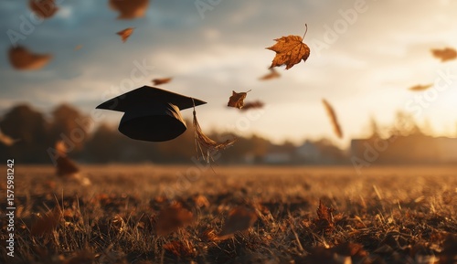 Academic hat thrown in the air on a fall day. Leafy ground and sky