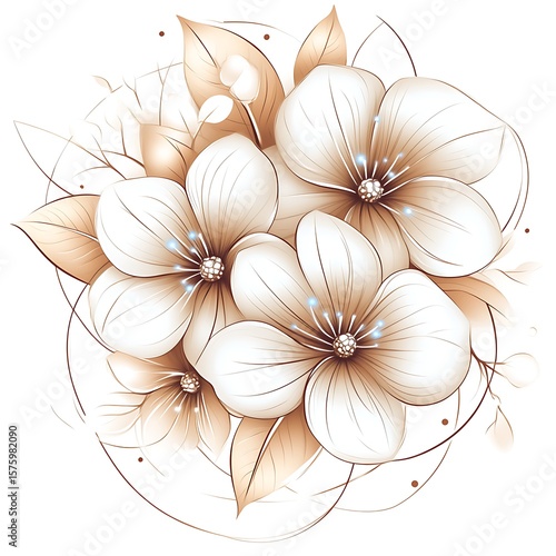 Delicate bouquet of light beige and white flowers.  Elegant floral design with detailed leaves and accents