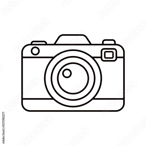 Simple vector black and white line art of a compact camera with lens and buttons. For travel, photography, summer, card, kids, print, coloring page and vacation design projects. Hand drawn. Isolated.