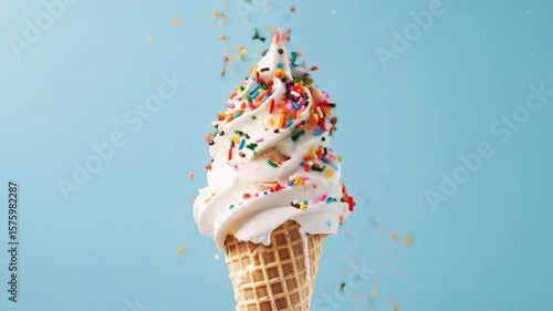 A soft serve ice cream cone covered with colorful sprinkles against a celebratory blue background footage.