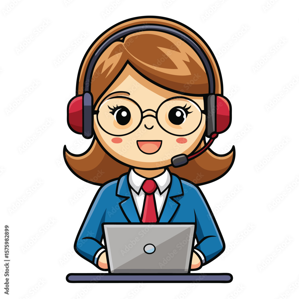 Cartoon woman in business attire with headphones and laptop, smiling and wearing glasses Cartoon woman in business attire with headphones and laptop, smiling and wearing glasses