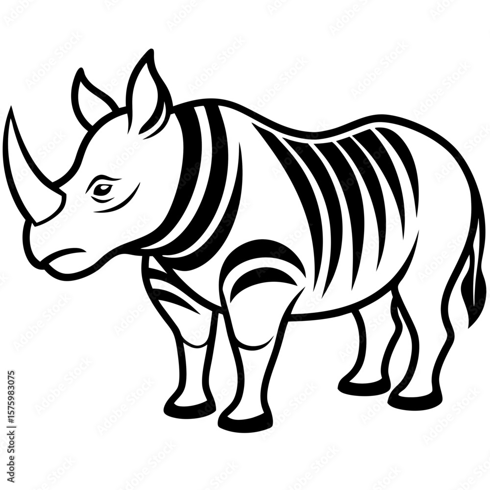 Fototapeta premium Striped Rhino: Bold Black and White Line Art Illustration, Powerful African Animal Design