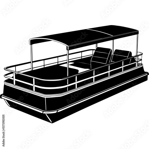 Black and white illustration of a pontoon boat with canopy, two seats, and railing.