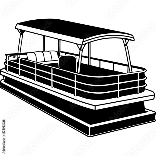 Black and white illustration of a pontoon boat with canopy, seats, and railing; nautical, summer, leisure.