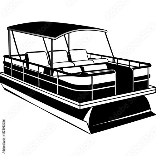 Black and white illustration of a pontoon boat with canopy, perfect for summer leisure and travel brochures.