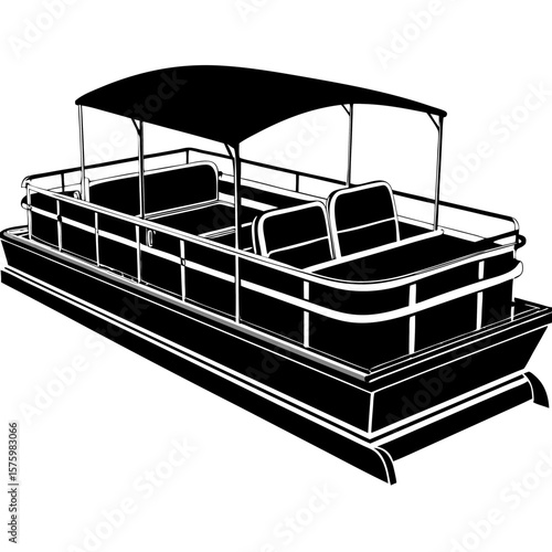 Black and white illustration of a pontoon boat with canopy, seats, and railing; summer leisure transportation.