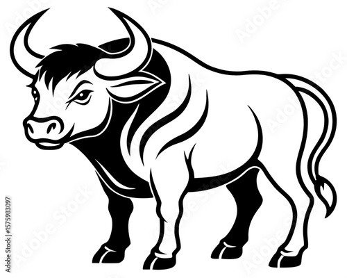 Powerful Black and White Bull Illustration: Strong, Majestic, Tribal Style Vector Graphic