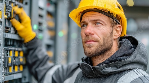 Professional man examining an electricity box in safety gear, showcasing modern industrial design, emphasizing attention to detail and safety protocols in a clean environment