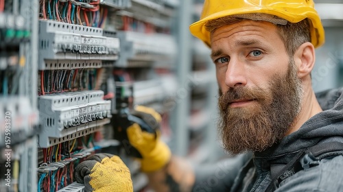 Bearded technician in yellow helmet and gloves working on fuse box wires, detailed professional environment, ample workspace, focused on electrical maintenance and safety.