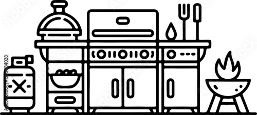 Stylized black and white line art illustration of a backyard barbecue grill setup with propane tank and utensils for outdoor cooking and entertaining